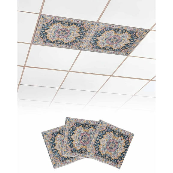 Fluorescent Light Covers for Ceiling Lights 3 Pack, Blue Yellow Boho Magnetic Ceiling Light Covers 2x4ft for Classroom Office, Ethnic Vintage Mexican Flowers Southwestern Drop Ceiling Light Shade
