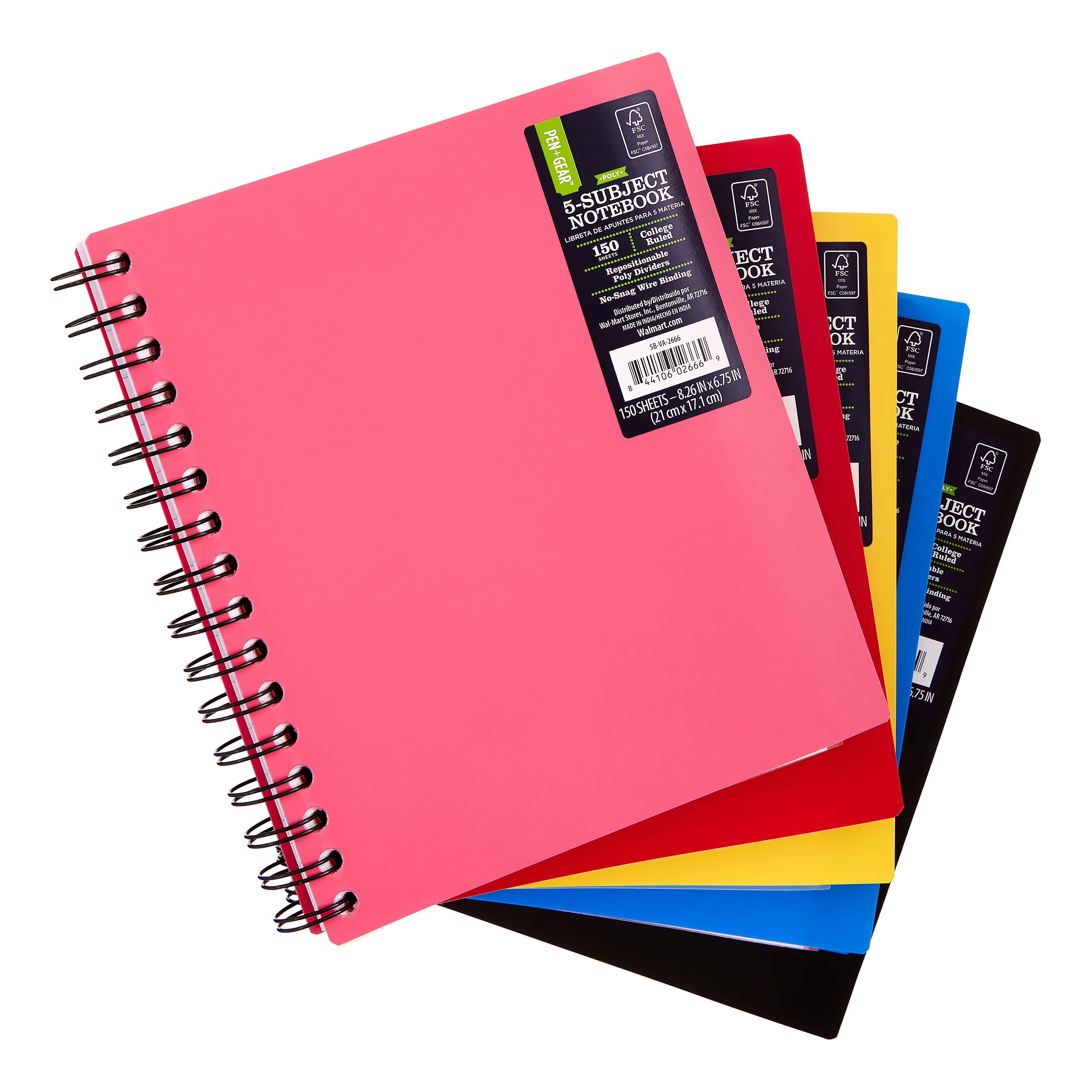 Pen + Gear 5-Subject Spiral Notebook, 8.26" x 6.75" (Assorted Colors)