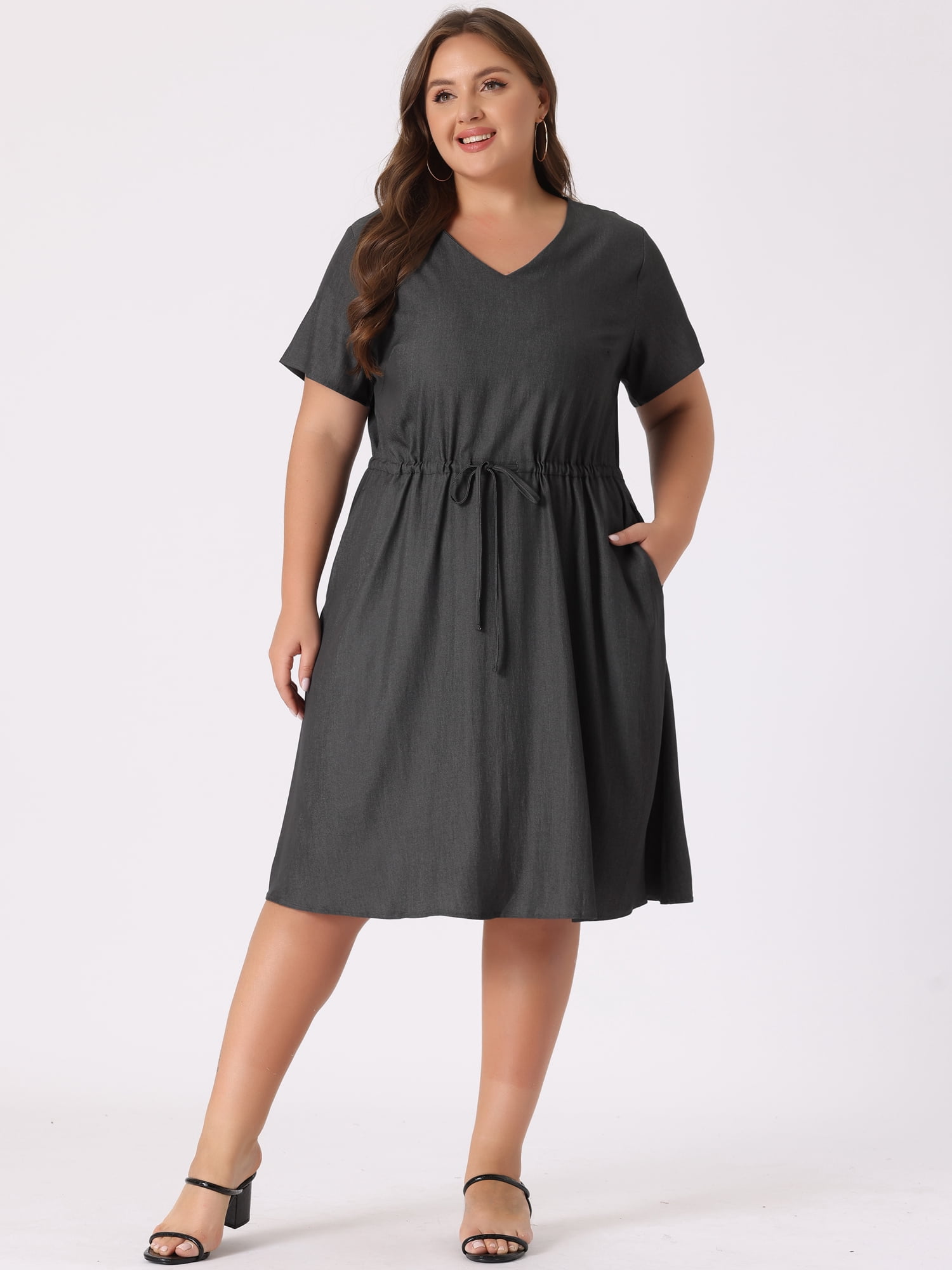 Unique Bargains Women's Plus V Neck Short Sleeve A-Line Denim Dresses 3X Grey Black