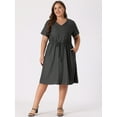 thumbnail image 2 of Unique Bargains Women's Plus V Neck Short Sleeve A-Line Denim Dresses 3X Grey Black, 2 of 6