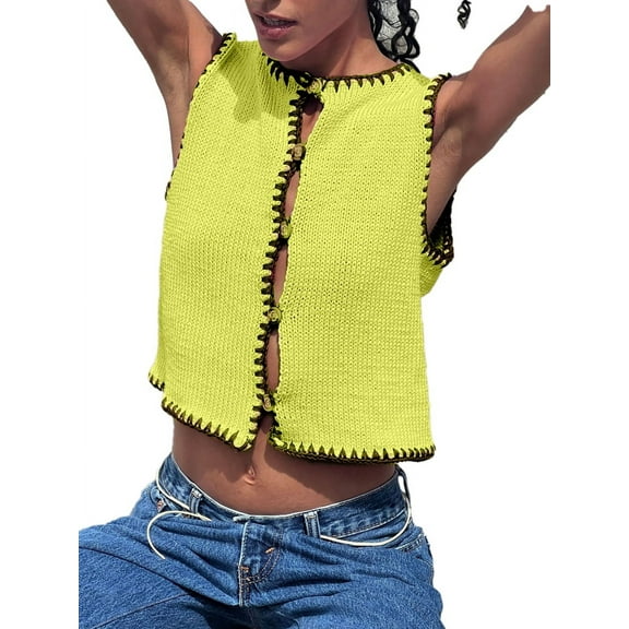 Womens Sweater Vest Sleeveless Button Down Tank Tops Spring Summer Cropped Cardigan 2025 Knit Top Yellow M