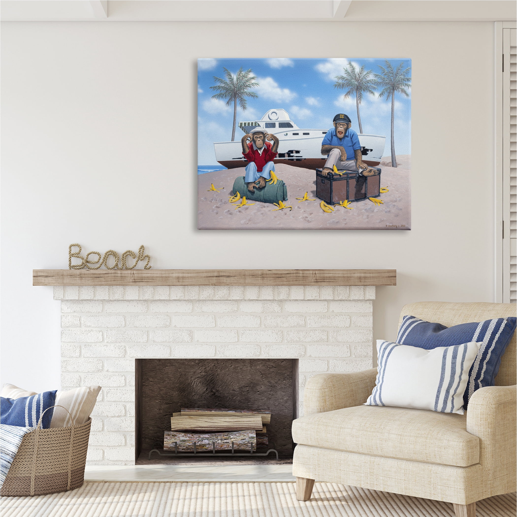 Stupell Industries Chimps & Yacht on Beach Animals & Insects Painting Gallery Wrapped Canvas Print Wall Art, 48 x 36
