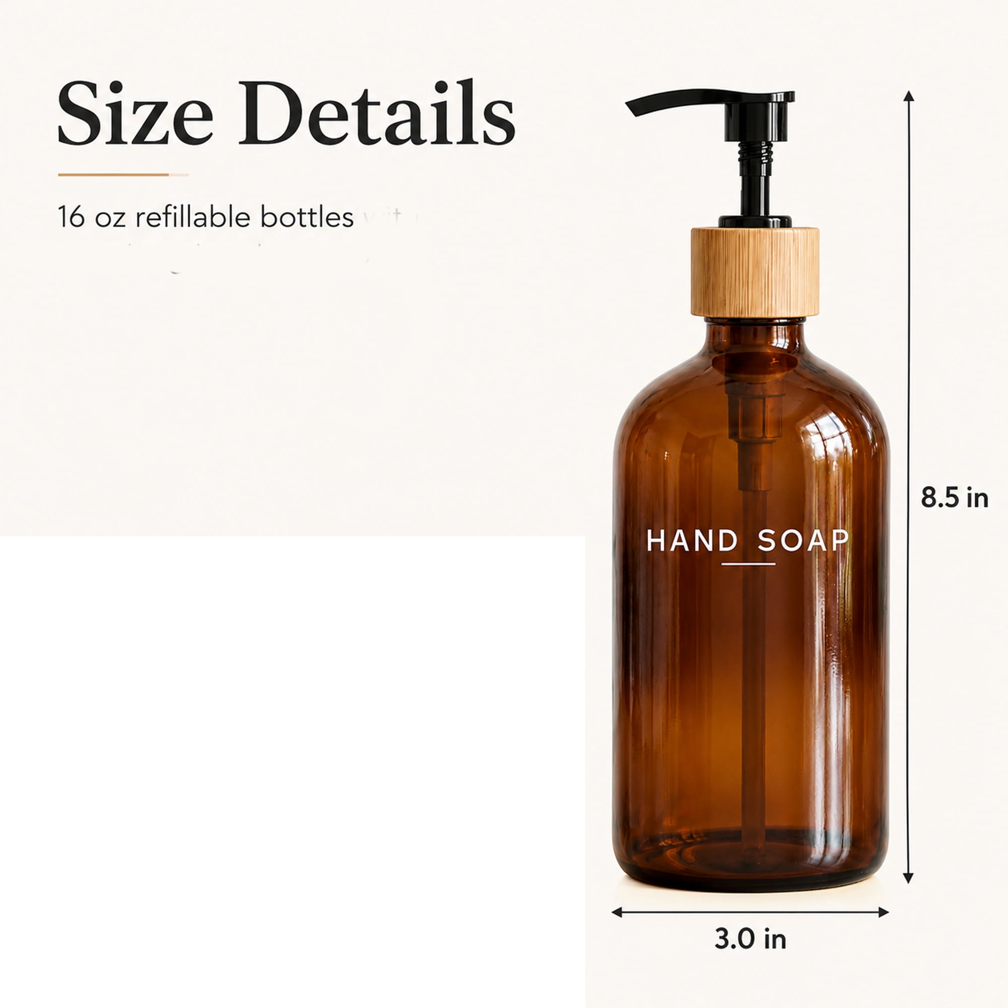 Glass Soap and Lotion Dispenser Set, 2 Pack Refillable Hand Soap and Dish Soap Bottles with Black Pumps, 16 oz Countertop Dispensers for Kitchen Sink, Bathroom Vanity, Amber and Clear