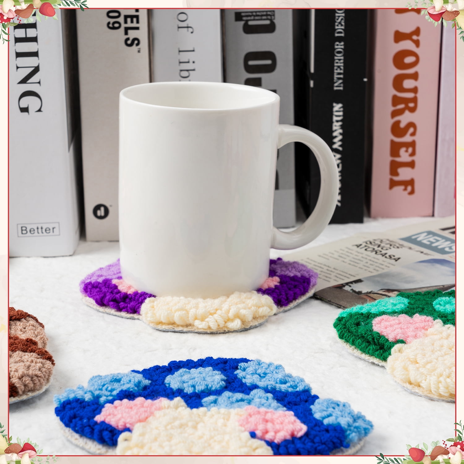 Belanttega Mushroom Theme DIY Punch Needle Coaster Kit - Create 6 Colorful Mushroom Coasters, Complete 22-Piece Craft Set with Hoop, Fabric, Yarn & Tools for Beginners Home Decor Gift