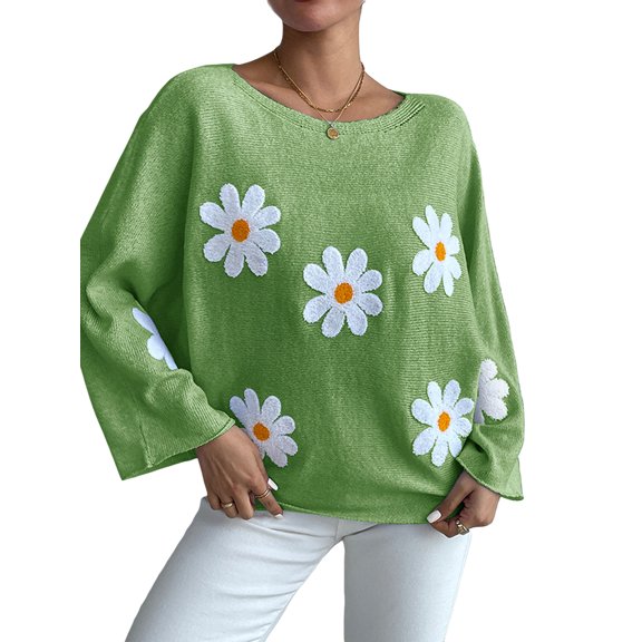 LMLYSoH Women Loose Knit Sweater Sweet Flower Embroidered Long Sleeve Boat Neck Pullovers Spring Fall Casual Jumpers Tops