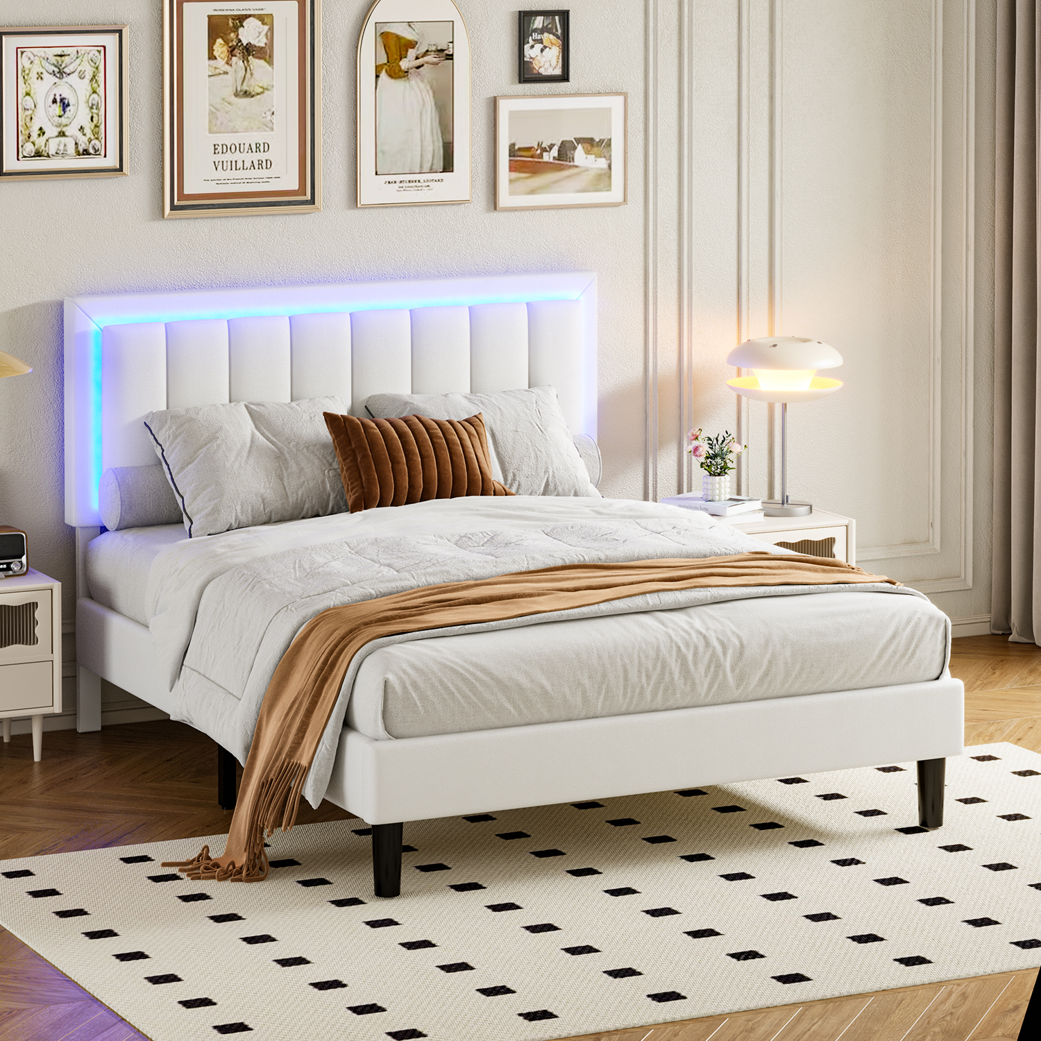 4 EVER WINNER LED Queen Size Bed Frame, White Queen Bed Frame with Led Light Headboard, PU Leather Upholstered Bed Frame, White