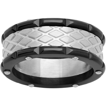 Men's Black IP Stainless Steel 8MM Riveted Groove Cut Wedding Band - Mens Ring