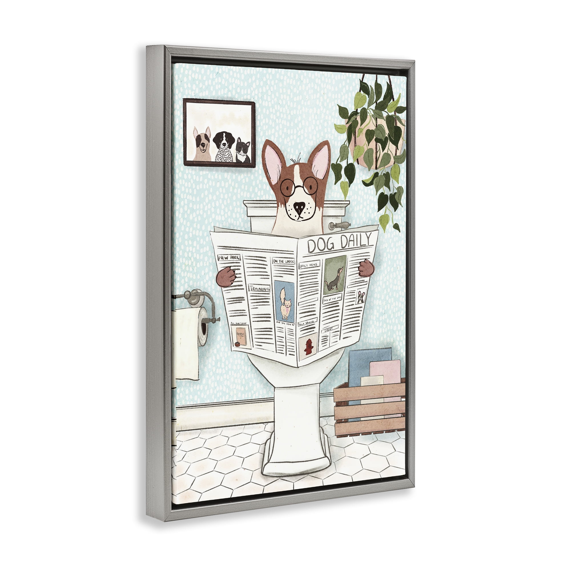 Stupell Industries Pup with Newspaper Typography Painting Gray Floater Framed Canvas Art Print Wall Art, 17 x 25