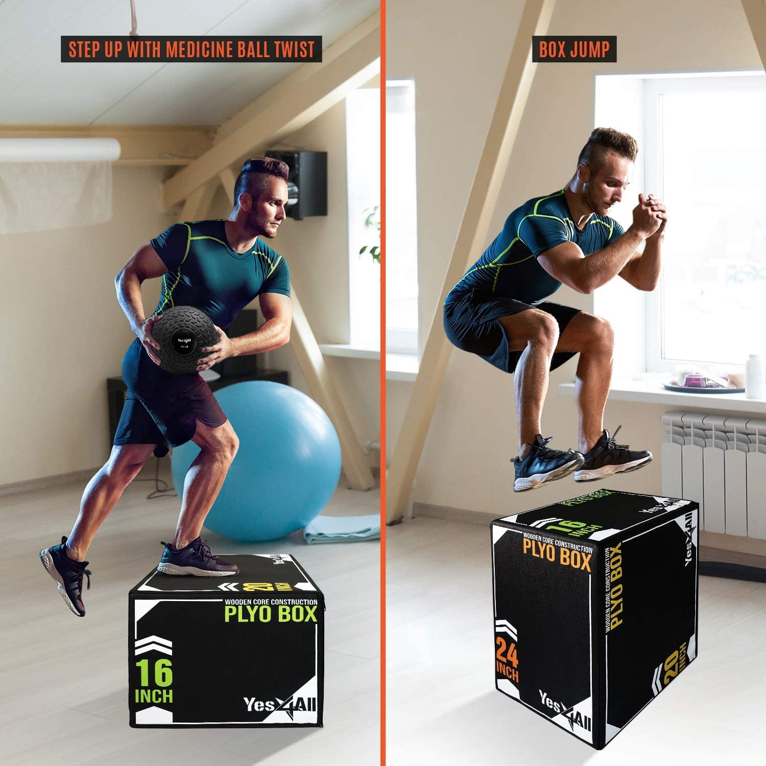 Yes4All 3-in-1 24"x20"x16" Soft Plyo Box Wooden Core, Foam for Jumping Exercise, Crossfit, Black