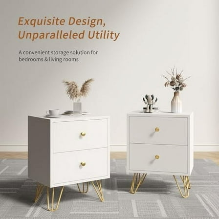 Black Nightstand, Black and Gold Nightstand Set of 2, Night Stand with Drawers, End Table with Metal Legs and Gold Handles, Black Bedside Table for Bedroom