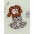 thumbnail image 3 of Toddler Girls Spring Outfit Sets Brown Long Sleeve Letter Print Pullover + Rugby Print Flared Pants 2 Piece, 3 of 8