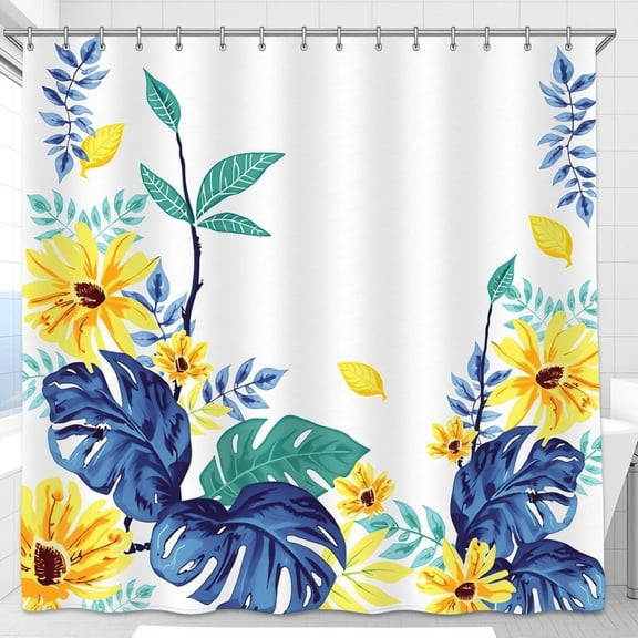 Vibrant Floral Shower Curtain - Tropical Blue Leaves & Yellow Sunflowers - White Bathroom Decor