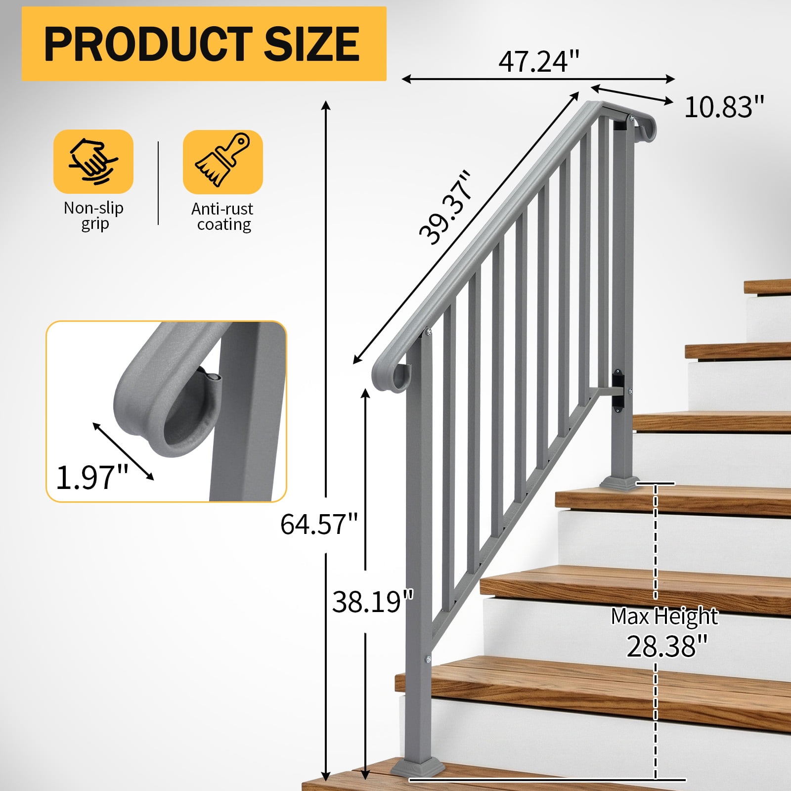 Silver Powder Coated Galvanized Iron Stair Handrail Curved Picket Step Railing Fit 3 Steps Outdoor Garden Anti-Rust Safety Rail With Installation Hardware
