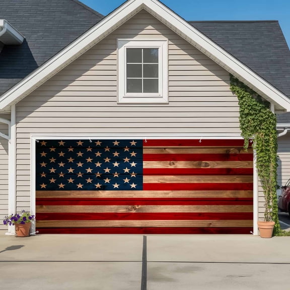 American Flag Garage Door Cover Banner 6 x 13 FT, Blue Red USA Flag Vintage Wooden Garage Door Curtains Backdrop with Grommets for Indoor Outdoor Wall Party Porch Yard Decorations Background