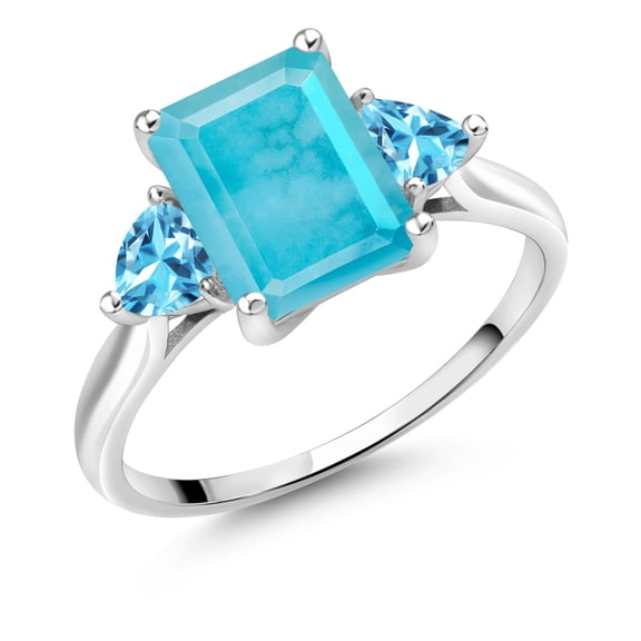 Gem Stone King 10K White Gold Green Turquoise and Swiss Blue Topaz 3 Stone Engagement Ring for Women (2.31 Cttw, Emerald Cut 9X7MM, Gemstone Birthstone, Size 9)