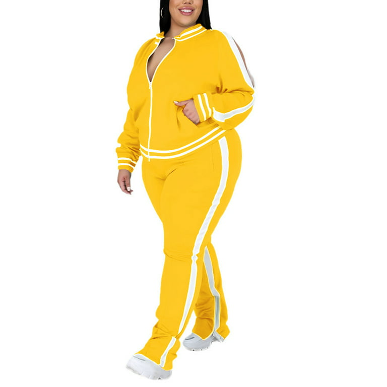 Haite Women Plus Size 2 Piece Tracksuit Crewneck Ladies Oversized Long  Sleeve Jogging Set Tops Long Sweatpants Outfits Lounge Sets Yellow XXXL 