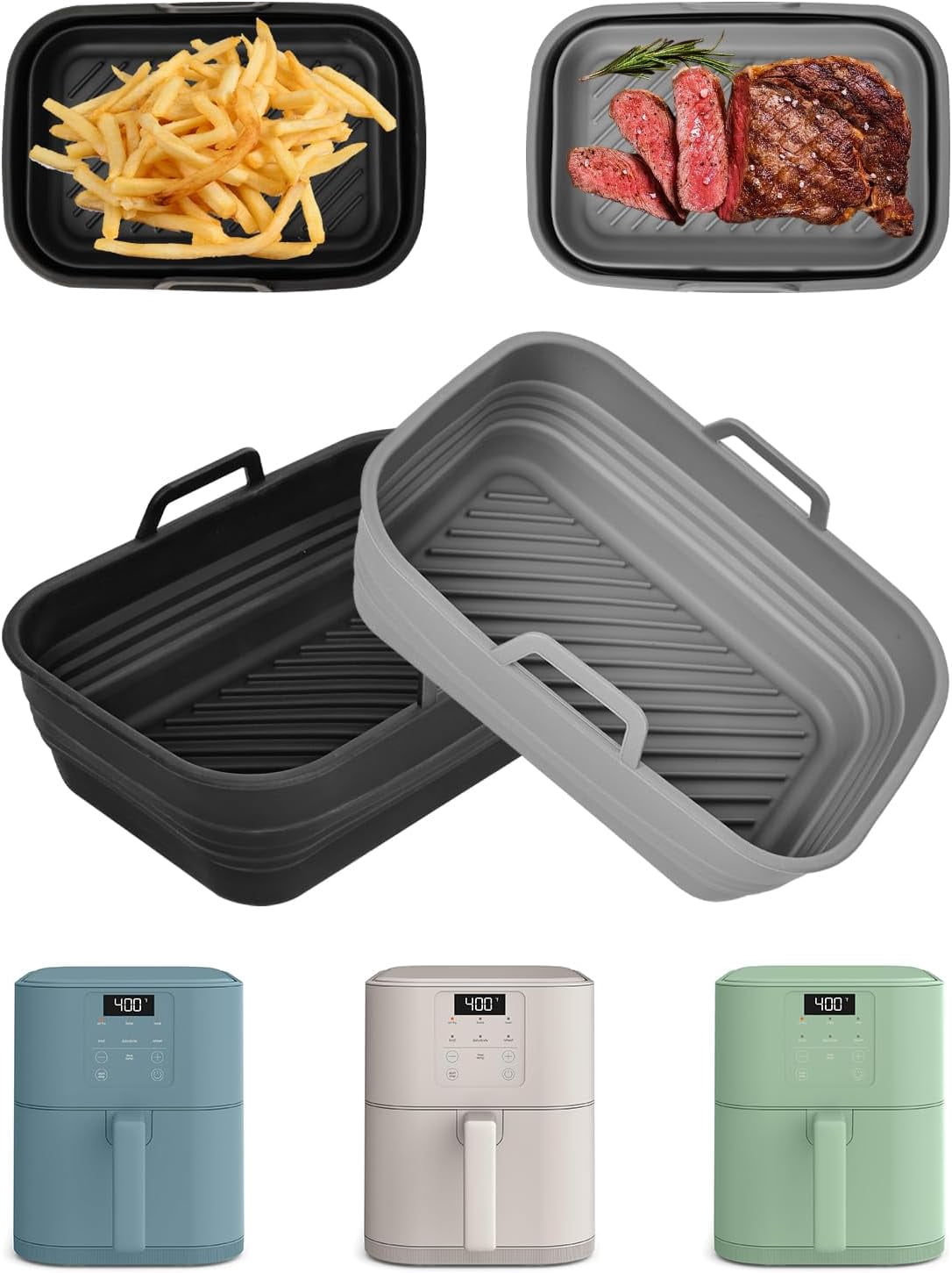 Neighborly Nook Air Fryer Silicone Liners Collapsible 2-Pack for bella 4Qt(3.3lb) Slim Air Fryer, Reusable Airfryer Silicone Pot Baking Basket Insert Accessories, Non Stick, Easy Cleaning, Gray+Black