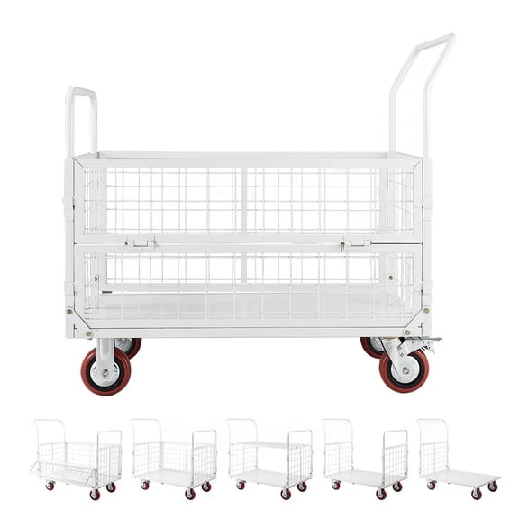 KFFKFF Heavy Duty Platform Truck Cart with Cage, 2000 lbs Capacity, 6-in-1 Foldable Flatbed Cart with Swivel Wheels, Multi-Purpose Hand Truck and Push Dolly for Groceries, 44.5 x 26.6 x 42.1 in
