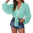 thumbnail image 6 of Pxiakgy Women's Deep V Neck Long Sleeve Tie Front Knot Chiffon Wrap Crop Top Blouse Swimwear Cover Ups Tops Self Tie Swimsuit Bikini Bathing Suit Long Sleeve Soft Beach Shirt for Women Green M, 6 of 9