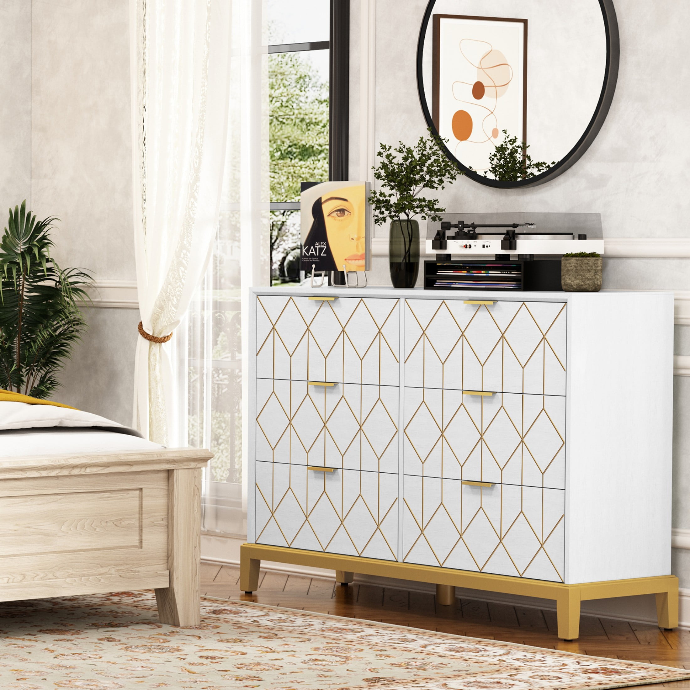 HLR Modern 6 Drawers Dresser, White Wood Dresser for Bedroom Wide Chest of Drawers, Storage Double Dressers Organizer for Bedroom, Living Room