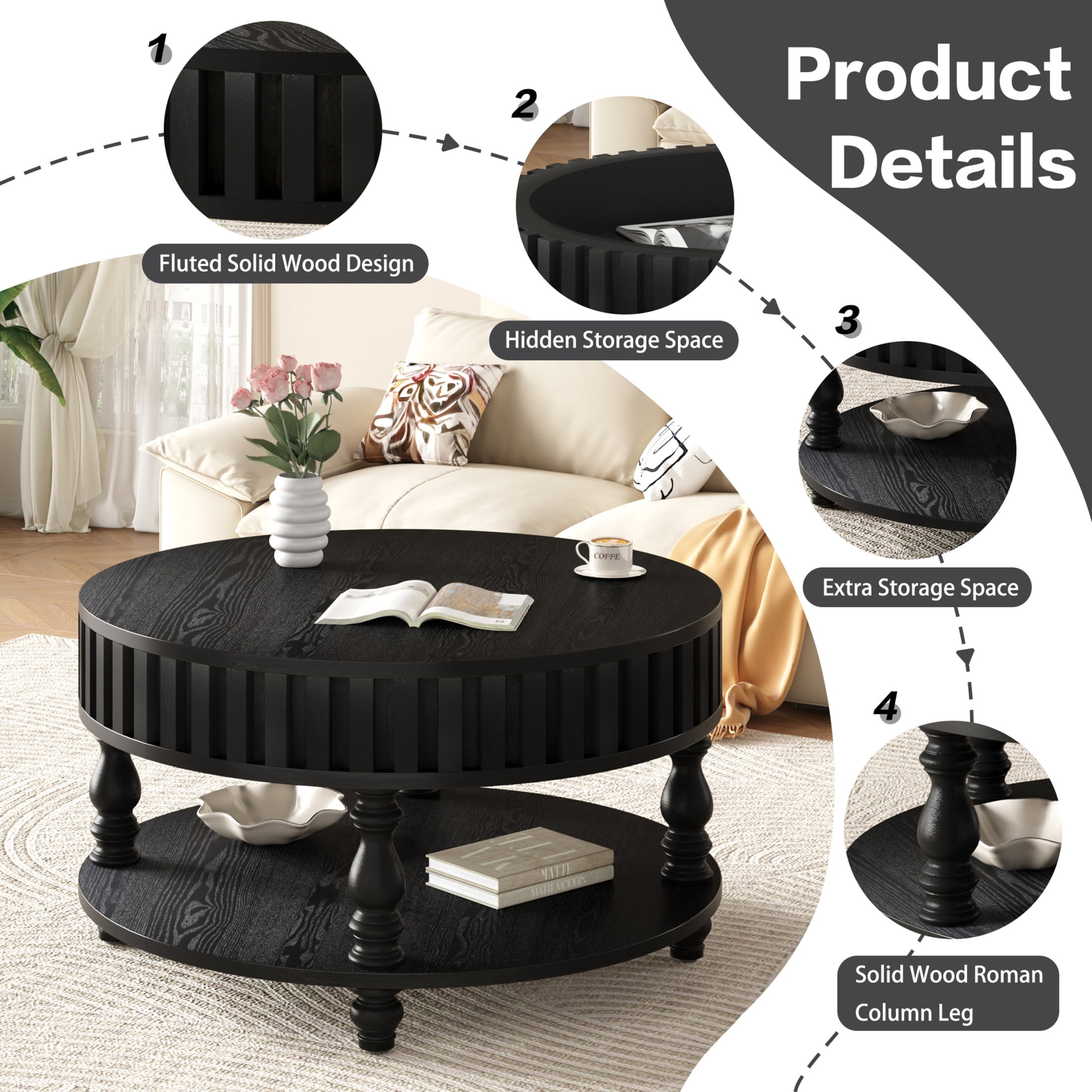 Noble house Farmhouse Fluted Coffee Table with Flip-Top Storage, Solid Wood Legs,Black