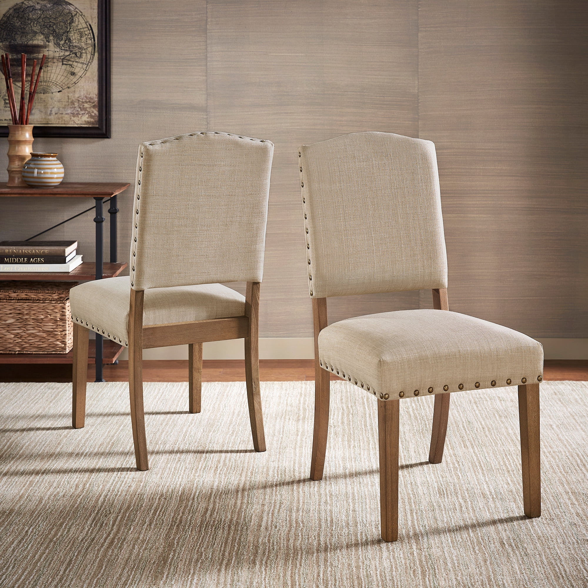 Weston Home Nailhead Upholstered and Wood Dining Chair, Set of 2, Beige Linen