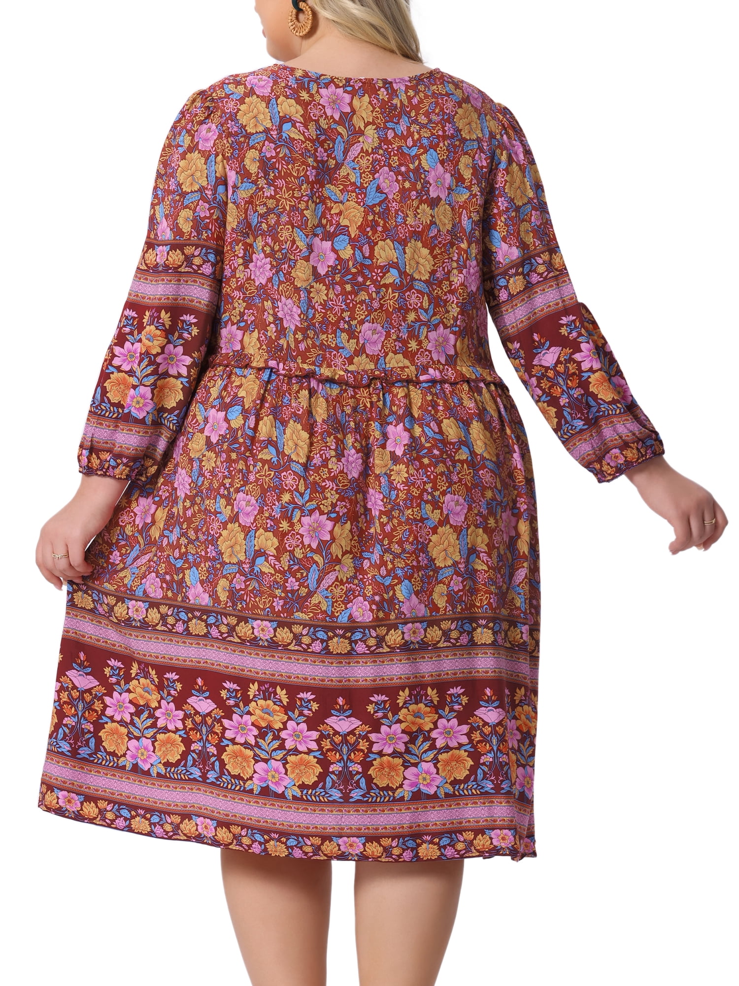 DARING DIVA Women's Plus Size Casual Boho Floral V Neck 3/4 Sleeve Dress 3X Yellow Pink