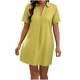 thumbnail image 2 of Xaqiouau Women's Solid Linen Blend Collared V Neck Pleated Short Sleeve Loose Casual Summer Shirt Shift Tunic Mini Dress, 2 of 6