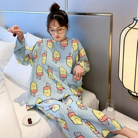 

Fantadool Women s Pajamas Three Piece Suit Loose Long-sleeved Cartoon Print Plus Size Home Wear Round Neck top + Trousers