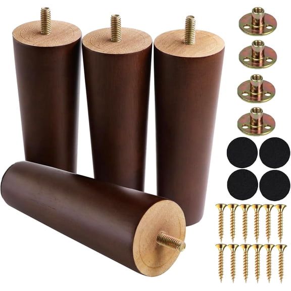 6 Inches Round Solid Wood Furniture Legs Set of 4, Brown Wooden Replacement Feet with Threaded 5/16'' Hanger Bolts for Sofa, Couch, Armchair, Cabinet, TV Stand, Ottoman and Dresser
