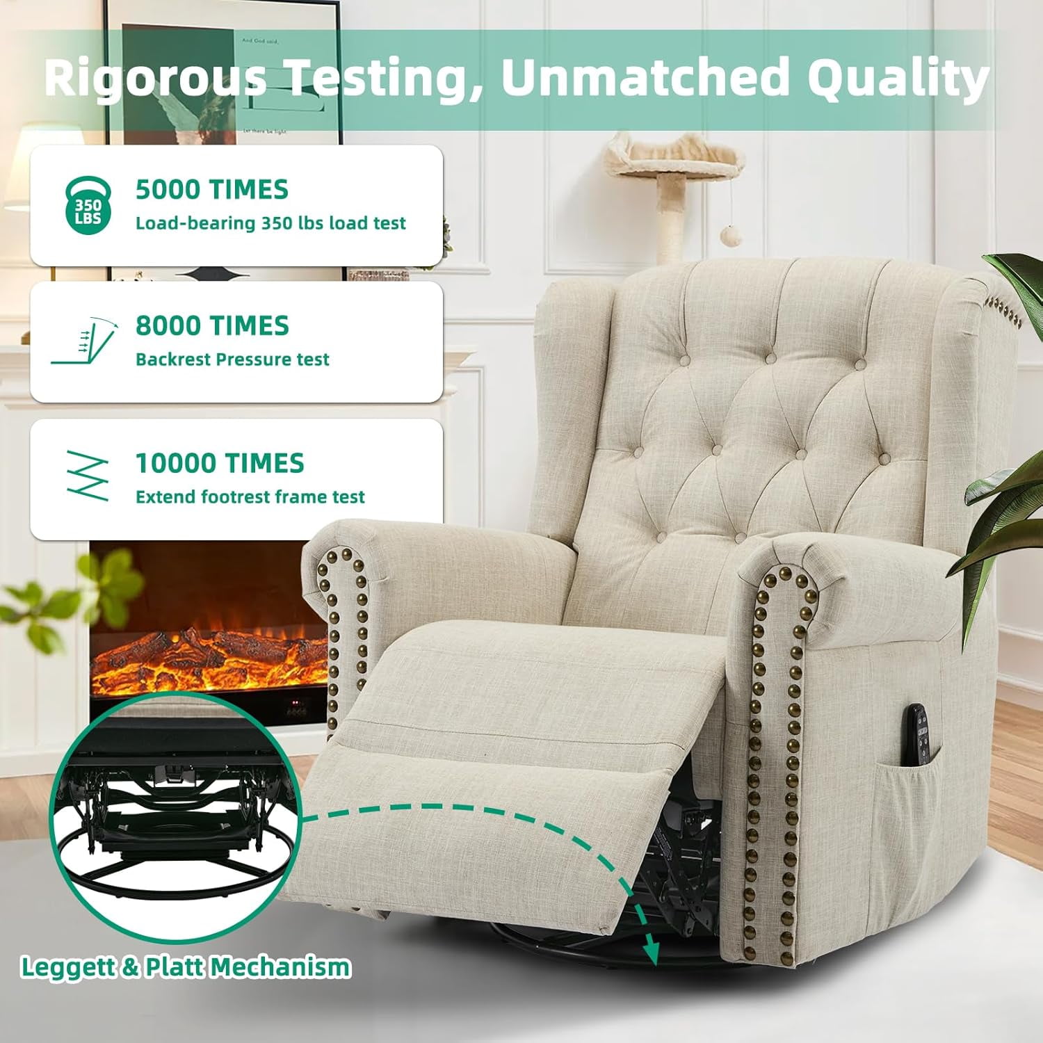 VIVIJASON Power Swivel Rocking Recliner Chair with Massage & Heat, Electric Rocker Glider Chair for Nursery, Wingback Tufted Upholstered Recliner W/Type-C & USB Ports for Living Room, Bedroom, Beige
