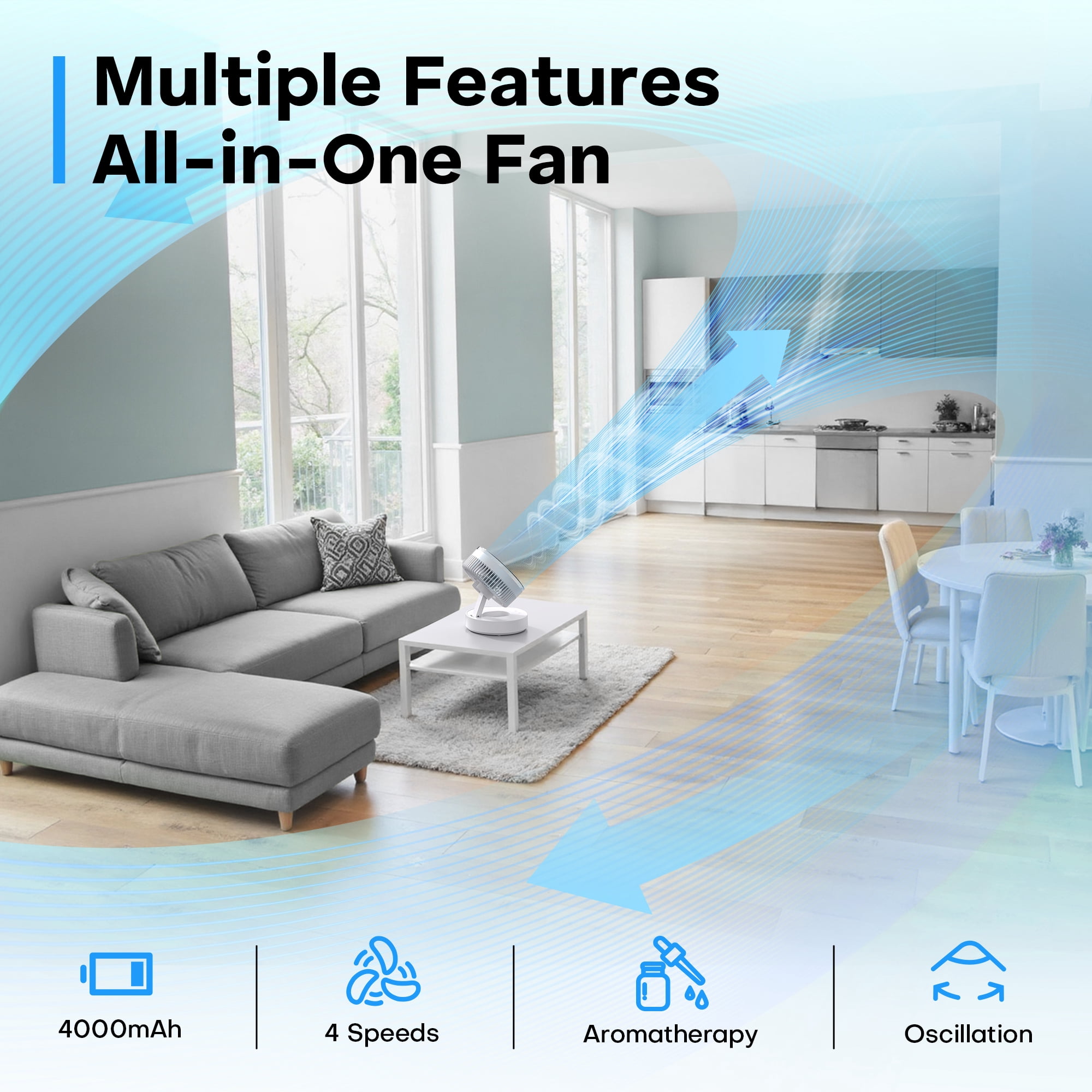 ALROCKET Desk Fans,90° Oscillating Air Circulator,4 Speeds,40ft Powerful Airflow,Oil Diffuser,Portable Fan for Bedroom, Office, Camping