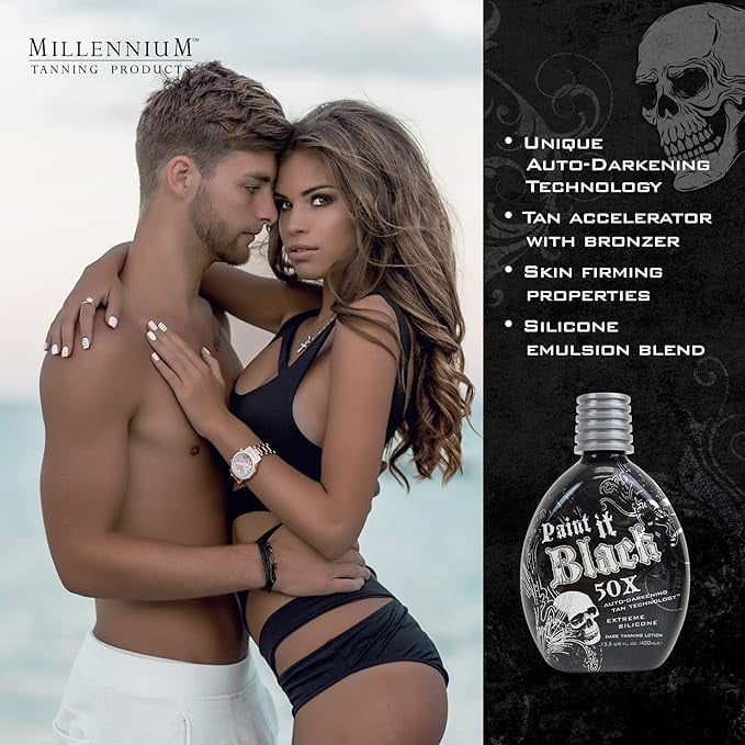 Millennium Tanning PAINT IT BLACK 50X - Extreme Dark Tanning Lotion Bronzer Accelerator - For Indoor Tanning Beds and Outdoor Sun Tan - Safe for Face, Body and Tattoos 13.5 fl oz