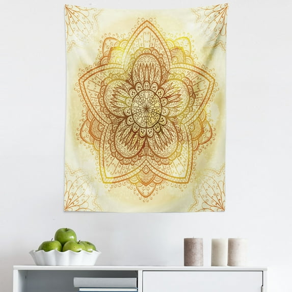 Brown Mandala Tapestry, Image of an Oriental Mandala Art with Overlapped Leaves, Fabric Wall Hanging Decor for Bedroom Living Room Dorm, 5 Sizes, Brown Ginger and Yellow, by Ambesonne