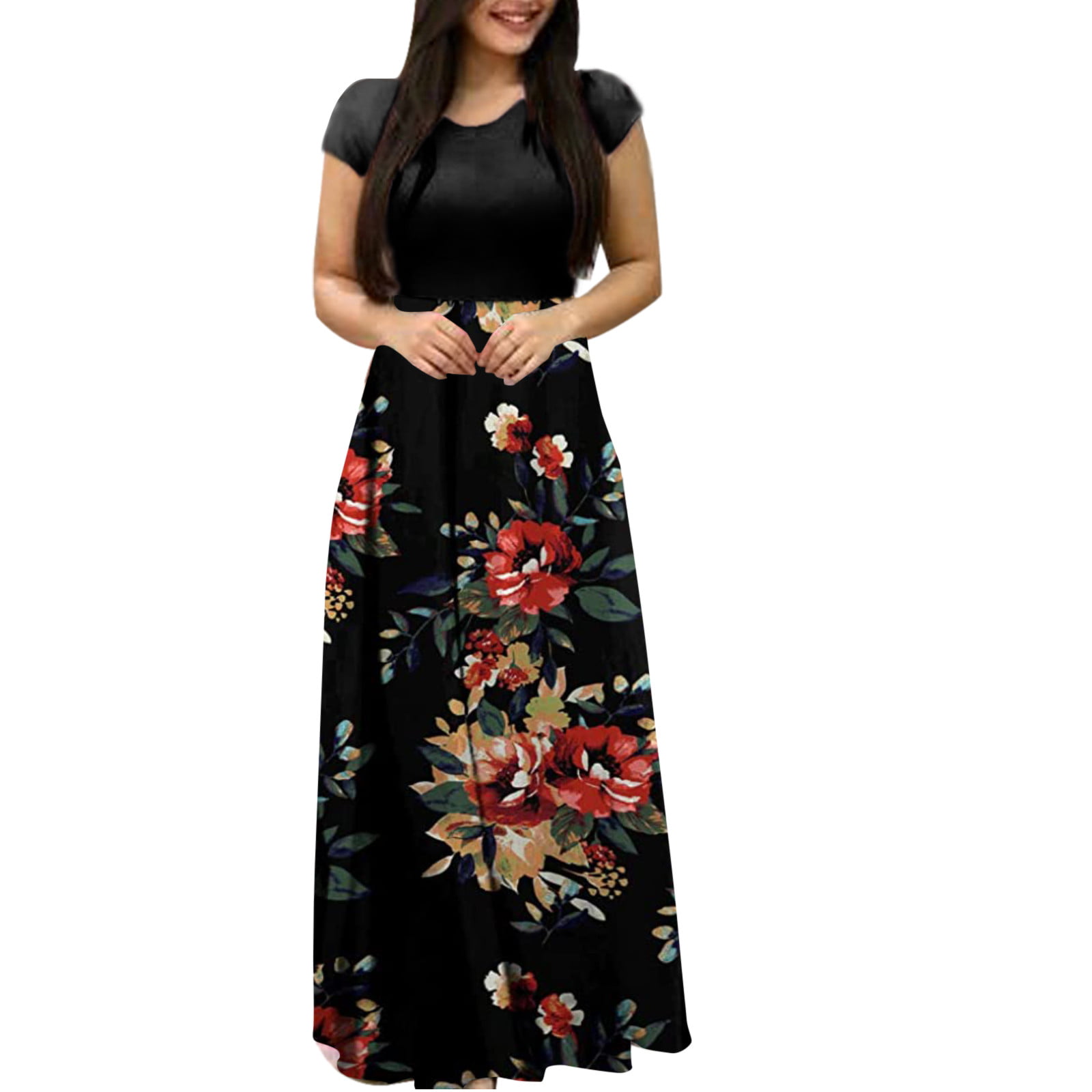 2019 Fashion!Women Summer Casual Loose Maxi Dress Leafs Printed Short Sleeve Plus Size Retro Sundress 