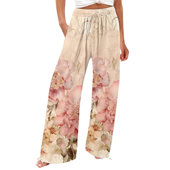 Casual Pants for Women Art Printed Pocket Elastic Waist Wide Leg Beach Fashion Casual Trousers