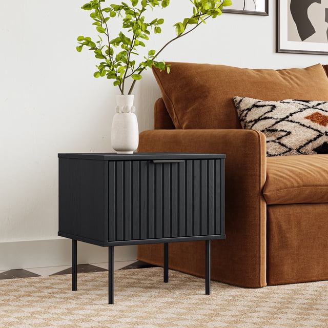 Evander Classic Black Fluted Engineered Wood Side Table with Metal Legs