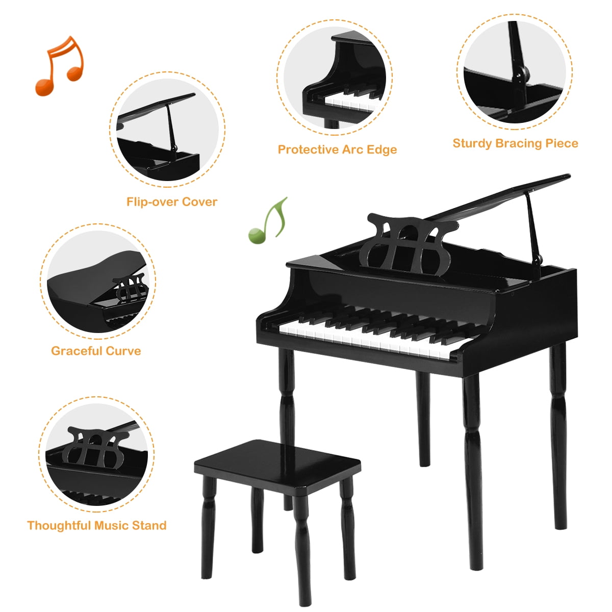 Costway Stability 3-8 Years Toy Musical Instruments with Baby Grand Bench, Wood ABS MDF Black