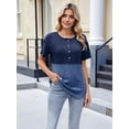 thumbnail image 5 of 2025 Spring and Summer New Women'S Button Short Sleeve Round Neck Colorblock Tops Blue S, 5 of 8