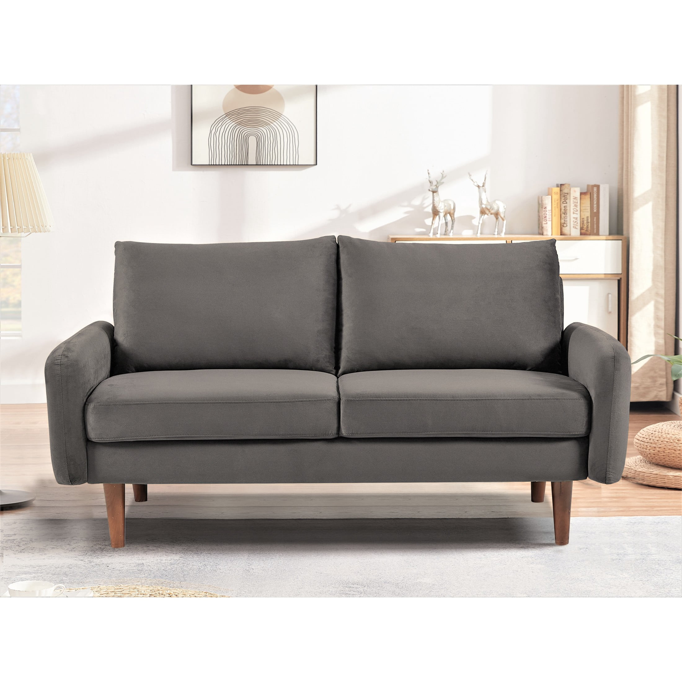GDF Studio 58" European Modern Loveseat 2-Seater Sofa with Velvet Upholstery, Tapered Wood Legs, Gray