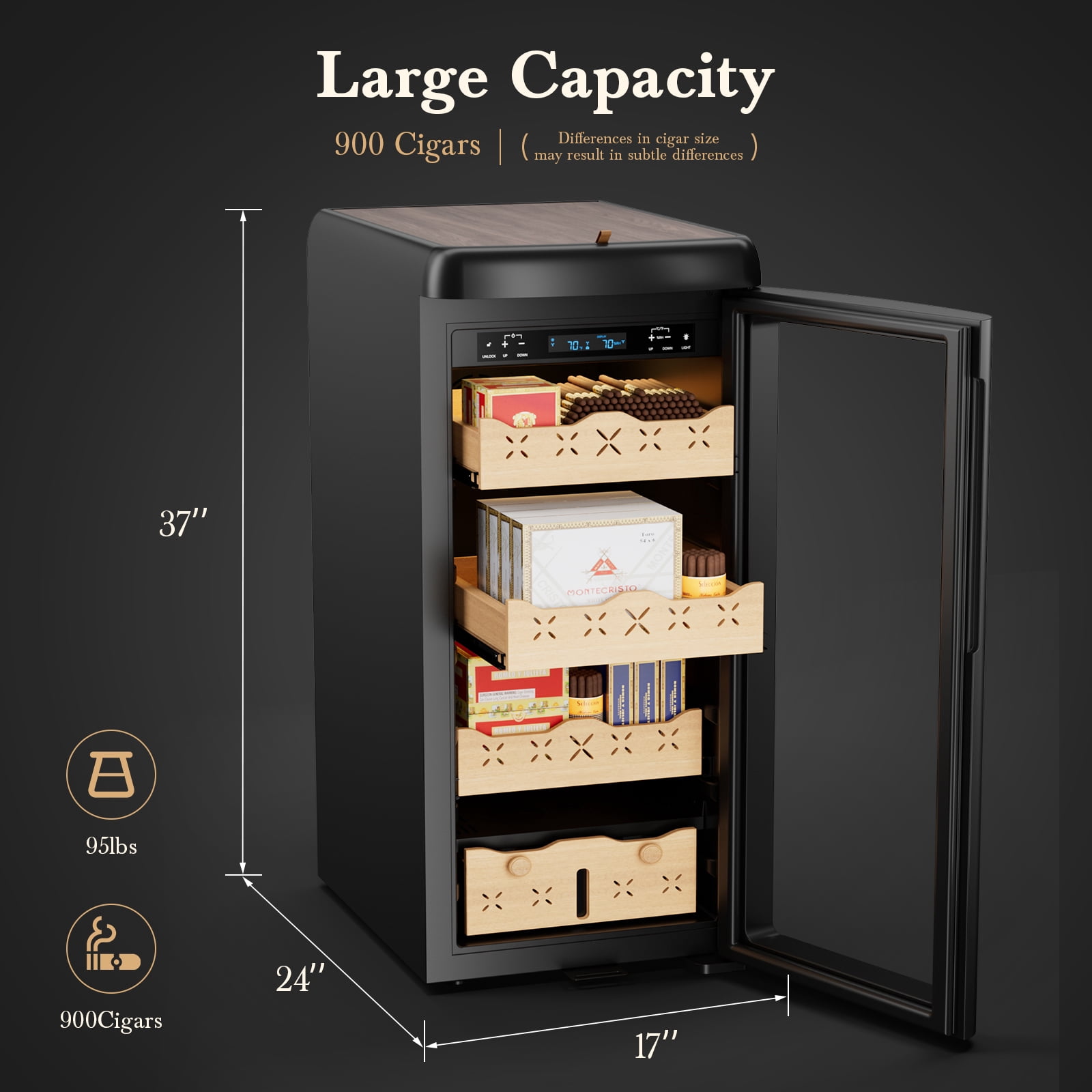 Joreek 115L Electric Cigar Humidor 900 Counts Temperature and Humidity Control Humidor Stainless Steel Lockable Cabinet with Digital LED Display Made of Spanish Cedar Wood Gift for Men