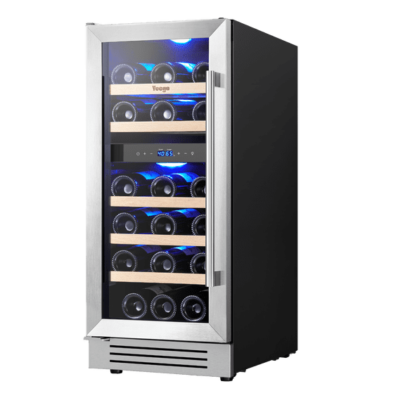Yeego 15" Wine Cooler Refrigerator, 28 Bottle Dual Zone Wine Fridge with Glass Door for Home/Office, Built-in & Freestanding