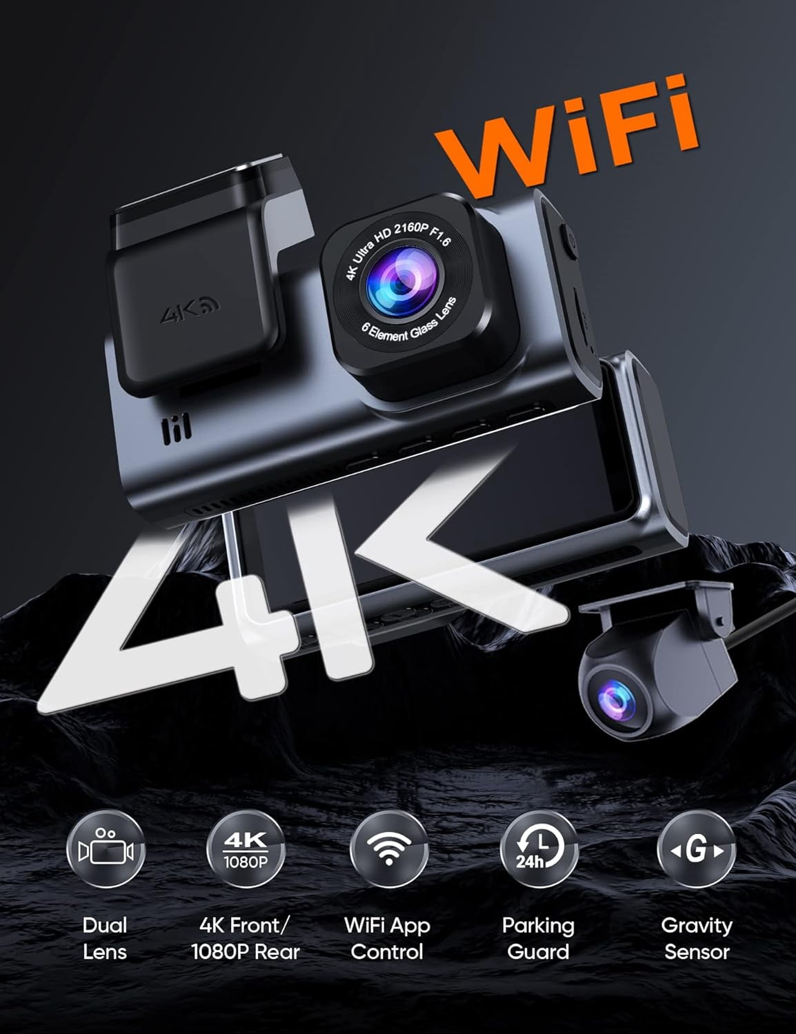 ODREY Dash Cam Front and Rear, 4K+2.5K 5G WiFi & WDR Dash Camera for Car with 64GB Card dashcam, G-Sensor, Super Night Vision, Loop Recording, Parking Mode