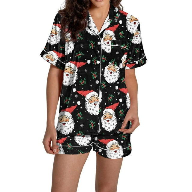 Pyjama pour Femmes en Satin de Soie à Imprimé Graphique, Mignon, Tenue de Nuit, Boutons, Hauts à Manches Courtes, Ensembles de Shorts