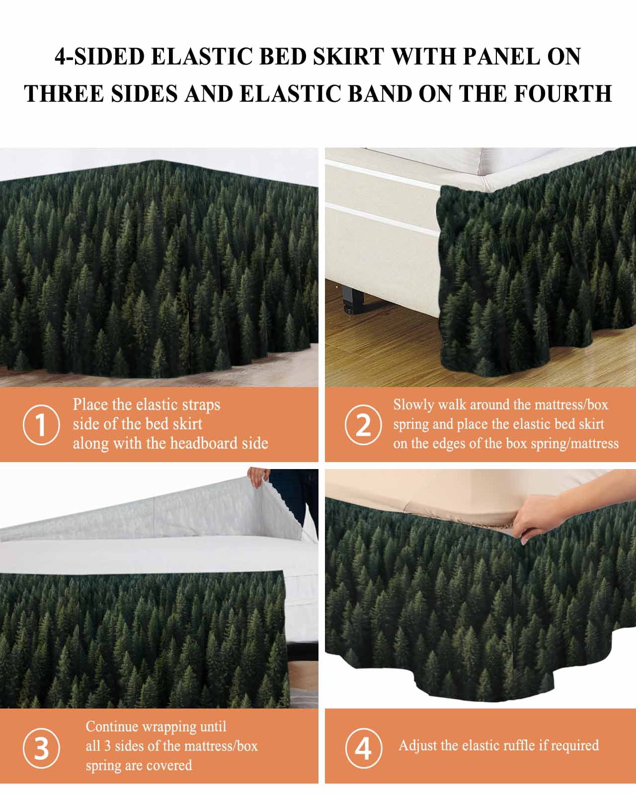 Dark Green Forest Wrap Around Bed Skirts for King Bed 16" Drop,Bed Skirt with Adjustable Elastic Belt Dust Ruffle Bed Valance for Bedroom Hotel Luxury Pine Trees Modern Mysterious Art Bed Frame Cover
