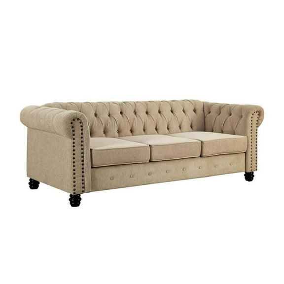 Bowery Hill 17" Modern Linen Fabric Upholstered Button Tufted Sofa in Beige