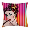 thumbnail image 1 of Art Throw Pillow Cushion Cover, Blue Eyed Lovely Woman with Striped Background Pop Art Advertising Retro, Decorative Square Accent Pillow Case, 16 X 16 Inches, Red Eggshell Multicolor, by Ambesonne, 1 of 2