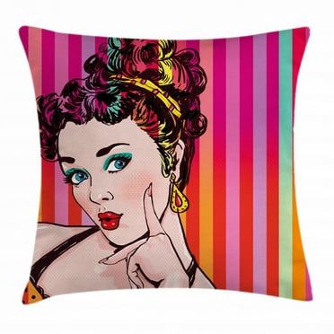 Art Throw Pillow Cushion Cover, Blue Eyed Lovely Woman with Striped Background Pop Art Advertising Retro, Decorative Square Accent Pillow Case, 24 X 24 Inches, Red Eggshell Multicolor, by Ambesonne