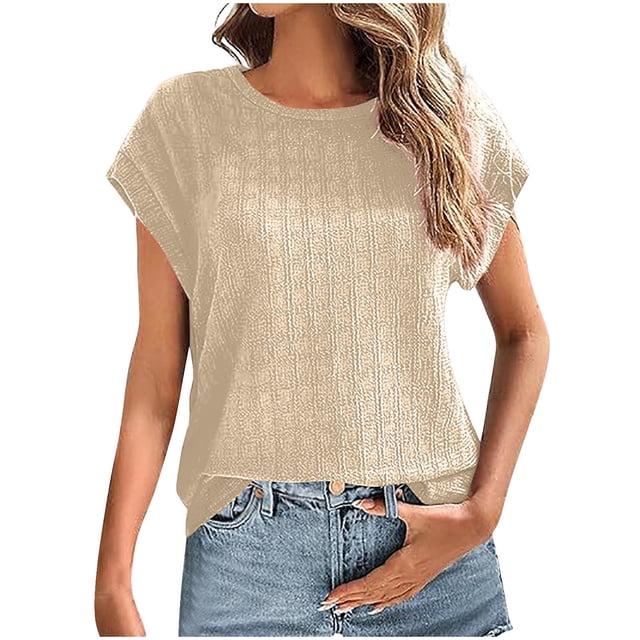 Camisas de Manga Corta para las Mujeres Casual, Moda Cuello Redondo Color Sólido, Blusas de Verano para las Mujeres