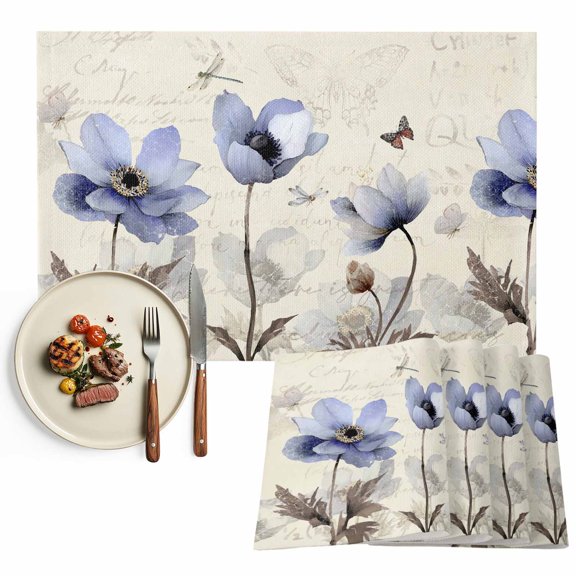 Placemats Set of 6, PurpleTulips Floral Place Mats Butterfly Flower Vintage Tablemats Washable Placemat Table Decoration for Kitchen Table Dinner Party Home Decor Indoor Outdoor 13x19 Inch